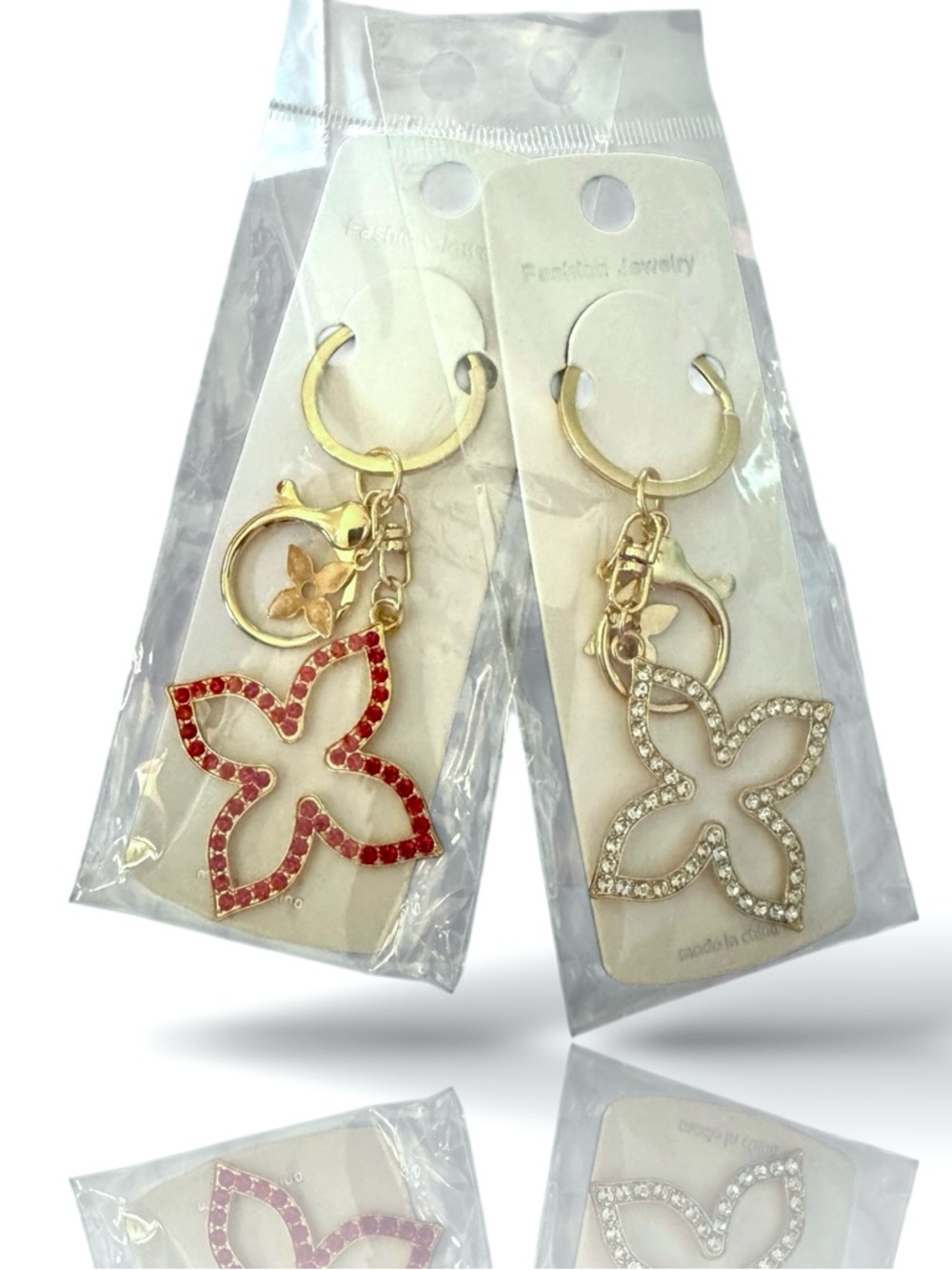 Gold-Tone Floral Crystal Keychain - Red or Clear